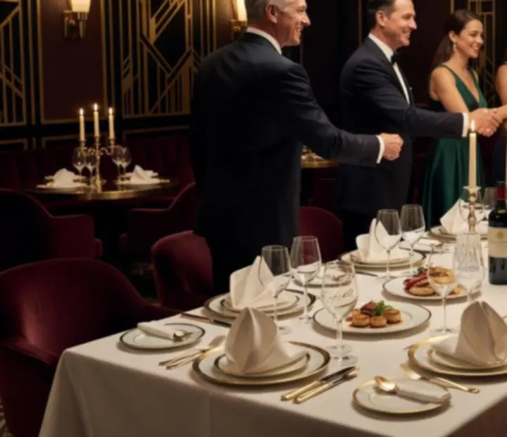 Exkluzív gálavacsora elegáns terítéssel és ünnepi hangulattal.