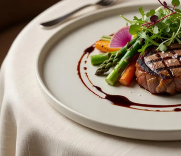 Művészien tálalt fine dining fogás elegáns márványtányéron.