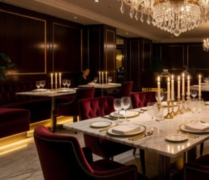 Elegáns, gyertyafényes éttermi belső prémium poker asztallal és fine dining terítékkel