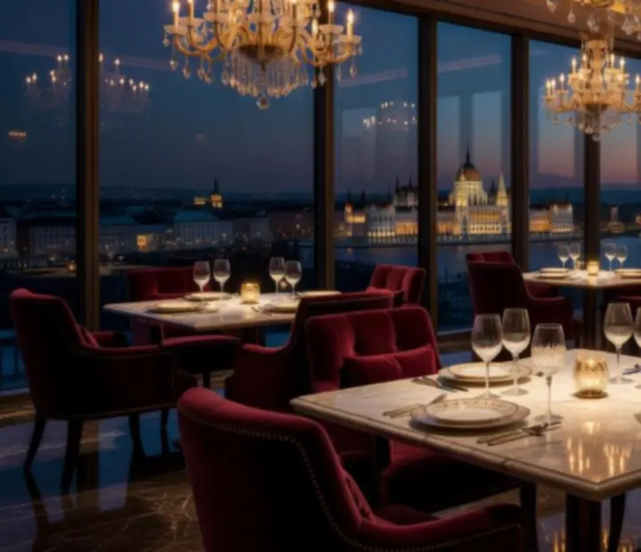 Elegáns, hangulatosan megvilágított fine dining étterem belső tér prémium asztalokkal és lounge résszel.