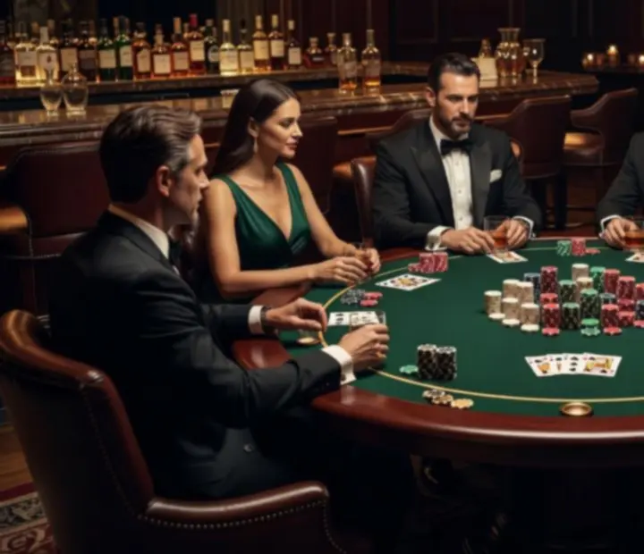 Stílusos poker est elegáns vendégekkel, szimbolikus zsetonokkal egy luxus étteremben
