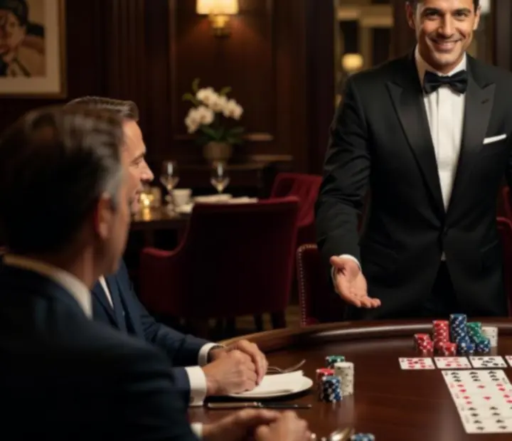 Professzionális poker asztal mellett mosolygó házigazda, elegáns környezetben