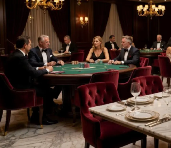 Prémium poker étterem elegáns, hangulatos belső tere prémium asztalokkal és meleg fényekkel