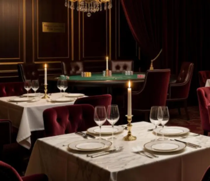 Elegáns privát rendezvényterem bársonyszékekkel és márványasztalokkal luxus környezetben