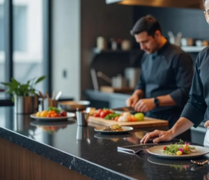 Séf interjú a konyhában, fine dining tálalással a háttérben