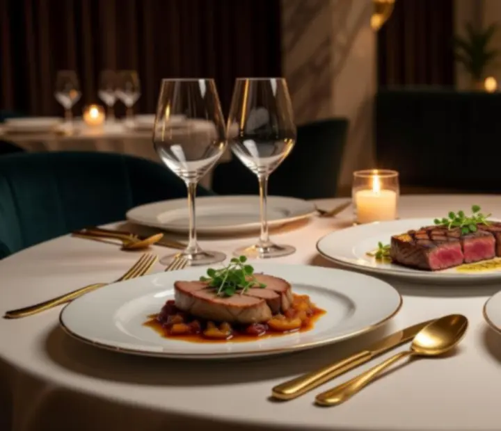 Séf gourmet fogásokat tálal elegáns, gyertyafényes asztalnál