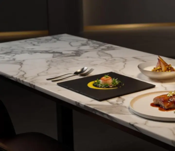 Gourmet degusztációs menü művészien tálalt fogásokkal egy elegáns márvány asztalon.