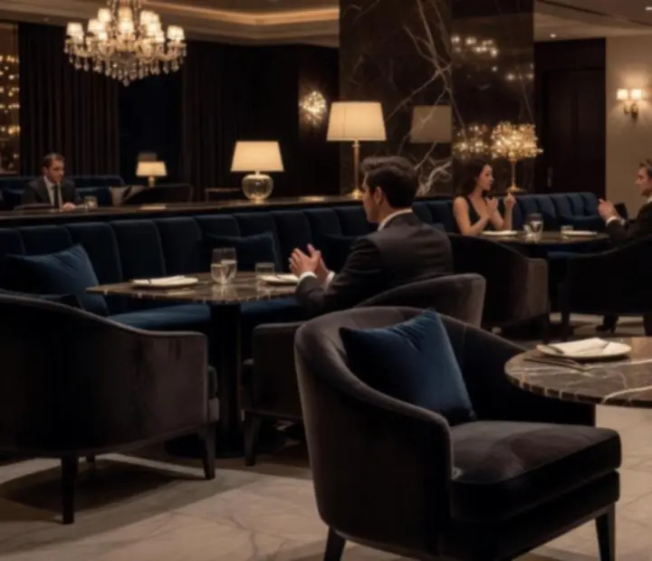 Elegáns VIP poker lounge bársonyszékekkel és márvány asztalokkal, meleg fényekben.