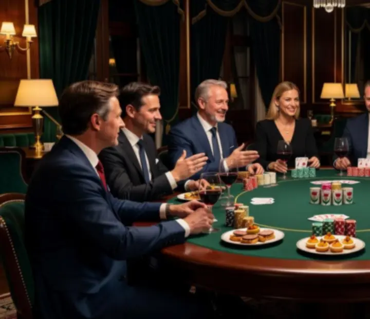 Privát VIP poker est elegáns asztalokkal és szimbolikus zsetonokkal, meghívott vendégekkel