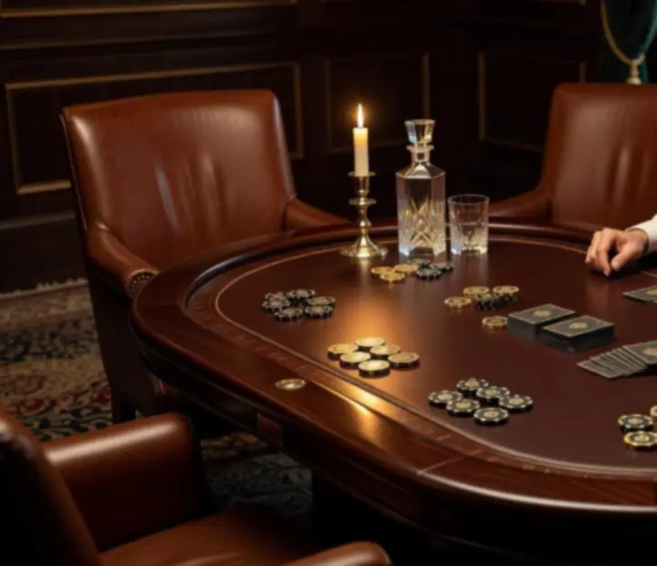 Privát VIP poker asztal szimbolikus zsetonokkal, elegáns gyertyafényes környezetben.